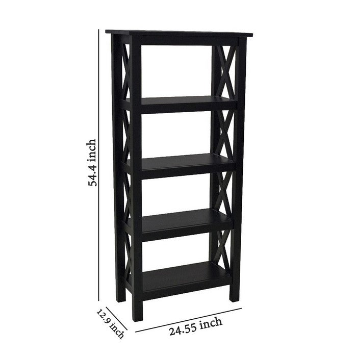 Transitional 5 Tier Wooden Bookcase X Shape Side Frames, Black