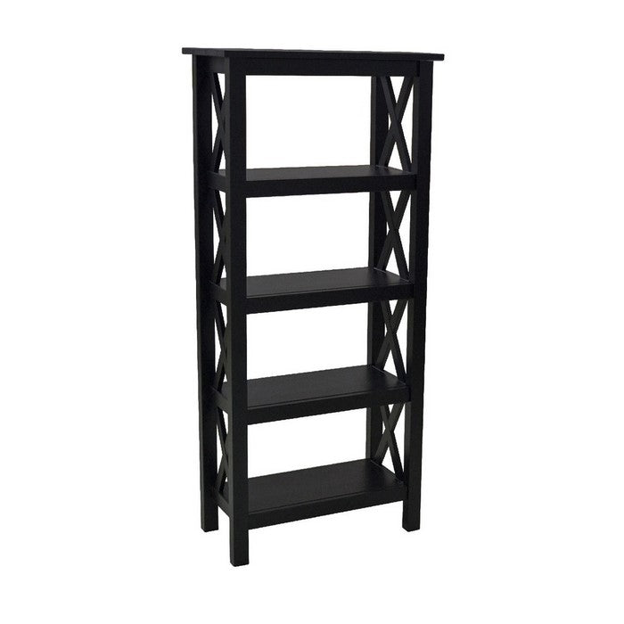 Transitional 5 Tier Wooden Bookcase X Shape Side Frames, Black