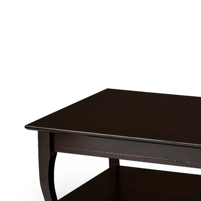 Wooden Coffee Table with Open Bottom Shelf and Sabre Legs, Espresso Brown