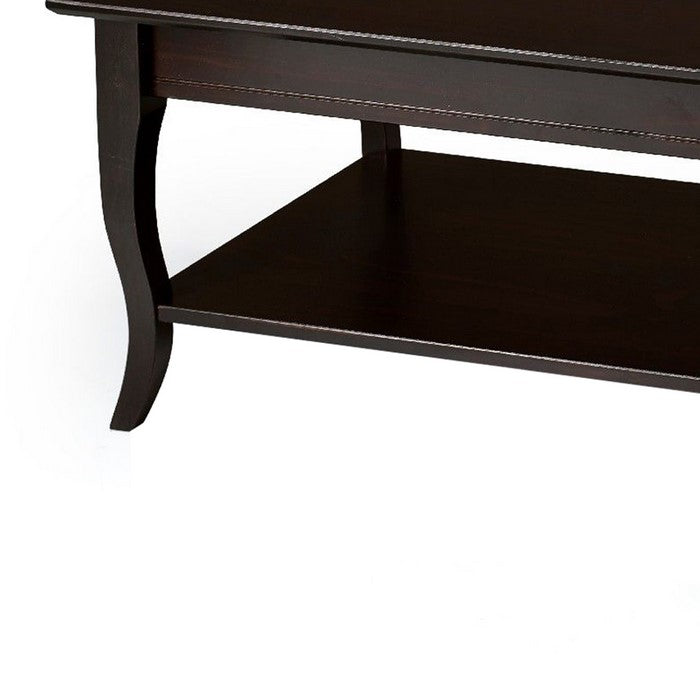 Wooden Coffee Table with Open Bottom Shelf and Sabre Legs, Espresso Brown