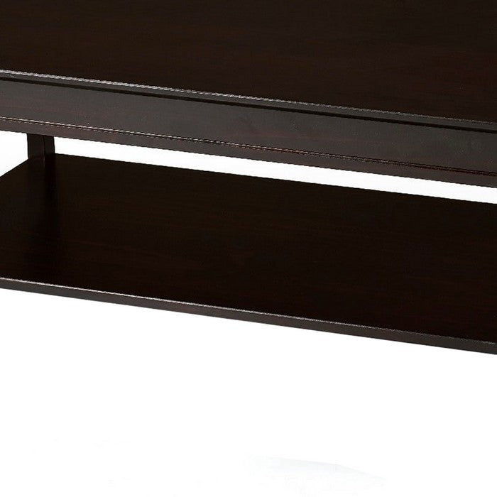 Wooden Coffee Table with Open Bottom Shelf and Sabre Legs, Espresso Brown
