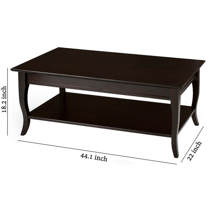 Wooden Coffee Table with Open Bottom Shelf and Sabre Legs, Espresso Brown