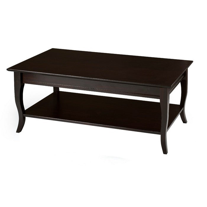 Wooden Coffee Table with Open Bottom Shelf and Sabre Legs, Espresso Brown