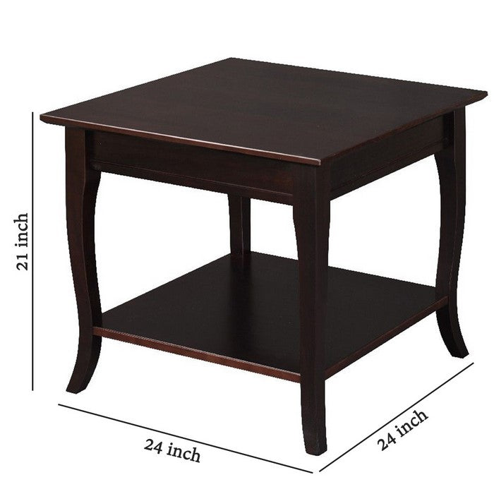 Wooden End Table with Open Bottom Shelf and Sabre Legs, Espresso Brown