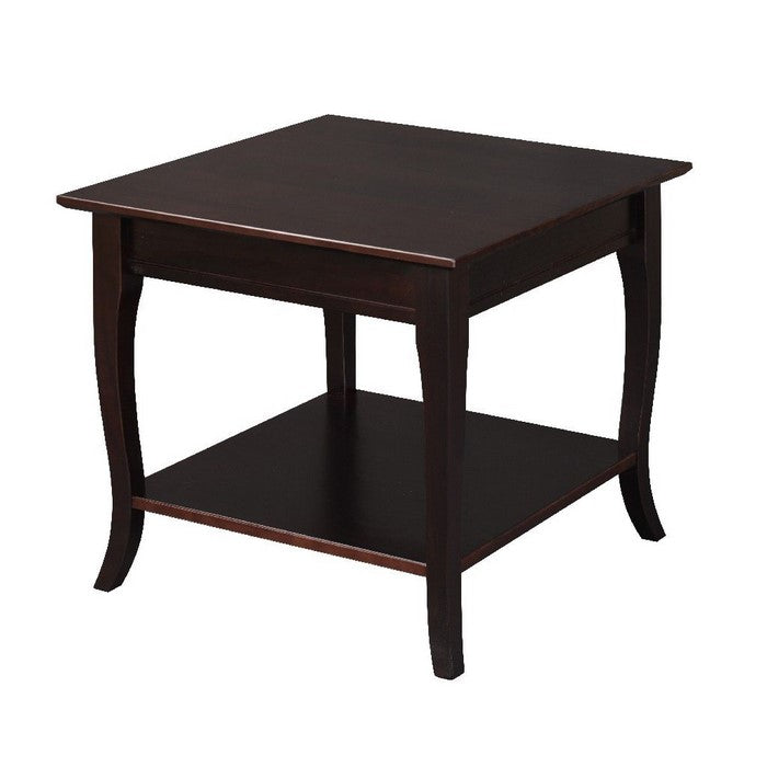 Wooden End Table with Open Bottom Shelf and Sabre Legs, Espresso Brown