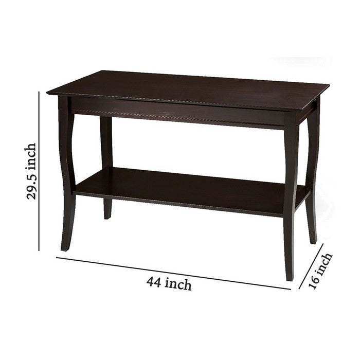 Wooden Console Table with Open Bottom Shelf and Sabre Legs, Espresso Brown