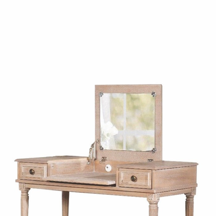 Flip Top Mirror Wooden Vanity Set with Decorative Base, Brown and Beige