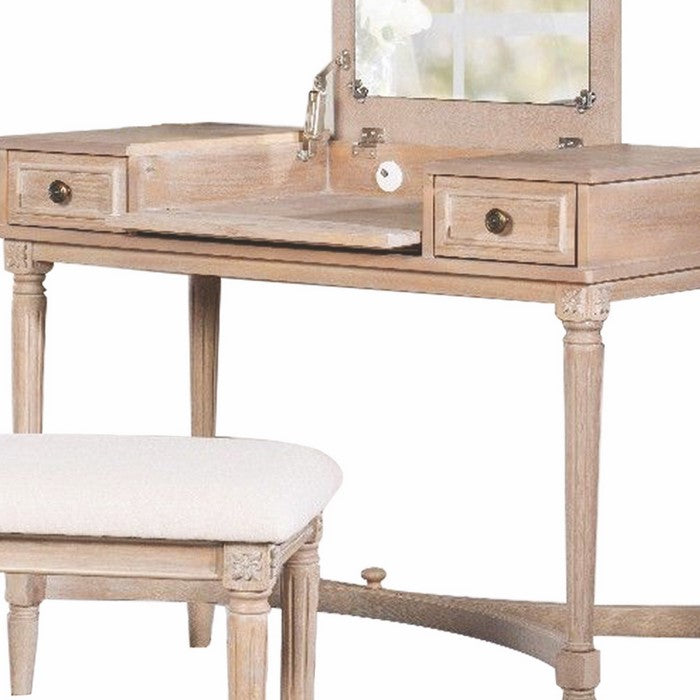 Flip Top Mirror Wooden Vanity Set with Decorative Base, Brown and Beige