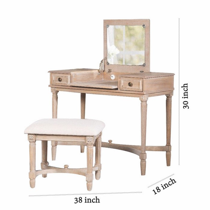 Flip Top Mirror Wooden Vanity Set with Decorative Base, Brown and Beige
