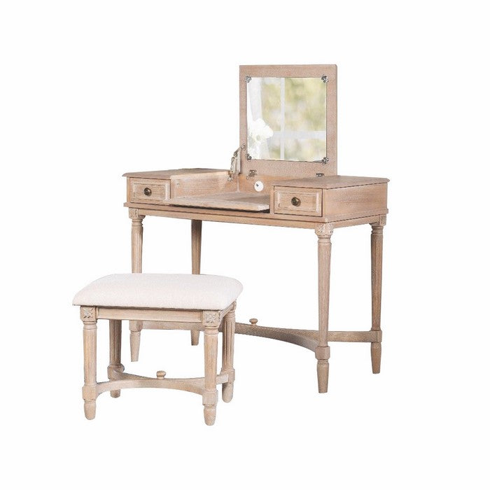 Flip Top Mirror Wooden Vanity Set with Decorative Base, Brown and Beige