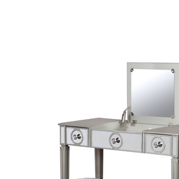 2 Drawer Flip Top Wooden Vanity Set with Mirrored Accents, Silver and Gray