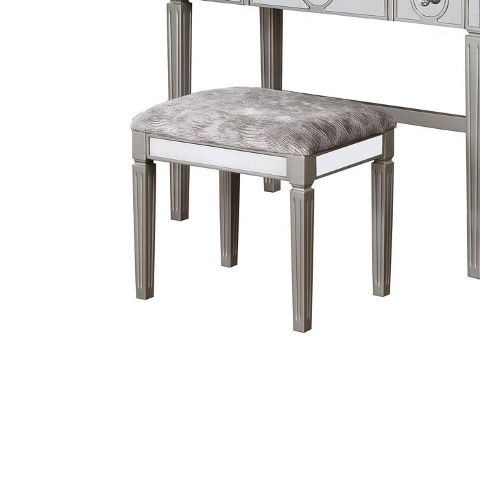 2 Drawer Flip Top Wooden Vanity Set with Mirrored Accents, Silver and Gray