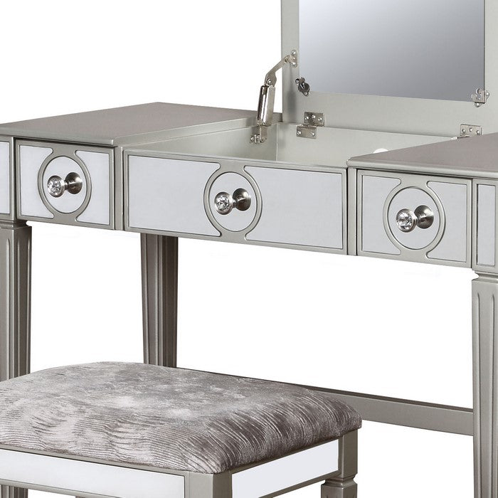 2 Drawer Flip Top Wooden Vanity Set with Mirrored Accents, Silver and Gray