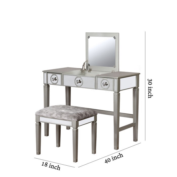 2 Drawer Flip Top Wooden Vanity Set with Mirrored Accents, Silver and Gray