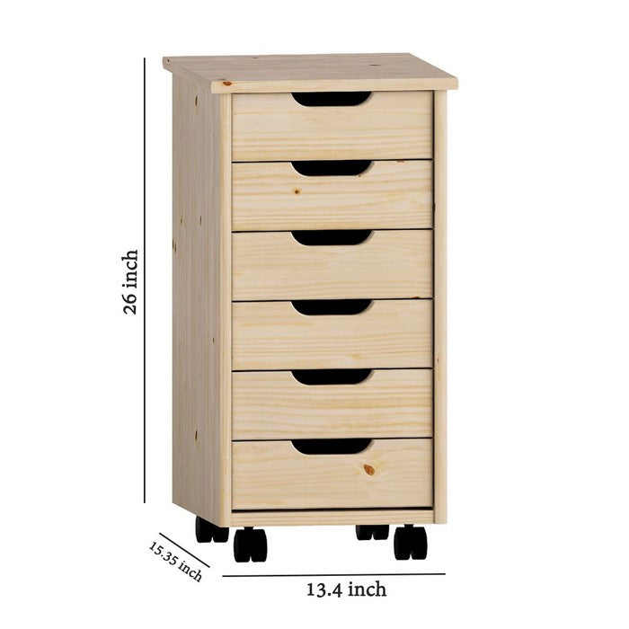 6 Drawer Rolling Storage Cart with Cut Out Pulls, Natural Brown