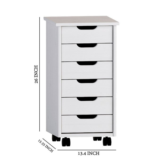 6 Drawer Rolling Storage Cart with Cut Out Pulls, White Wash