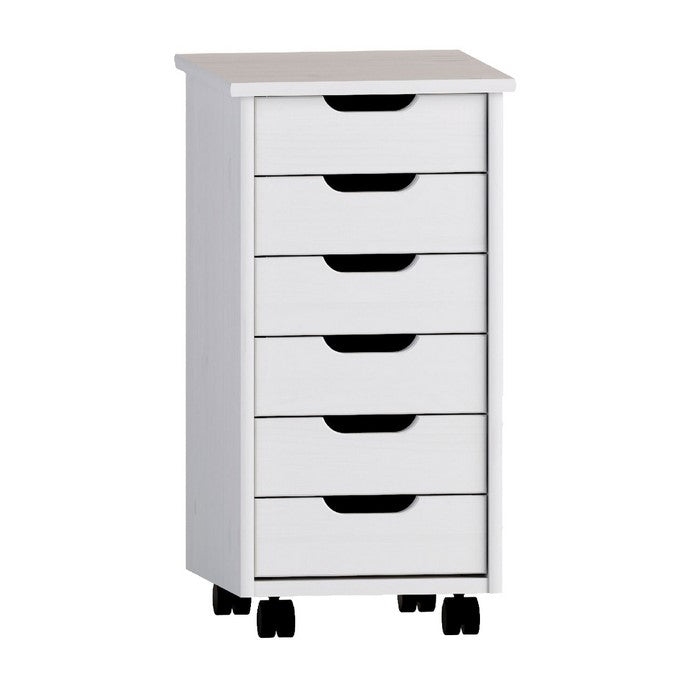 6 Drawer Rolling Storage Cart with Cut Out Pulls, White Wash