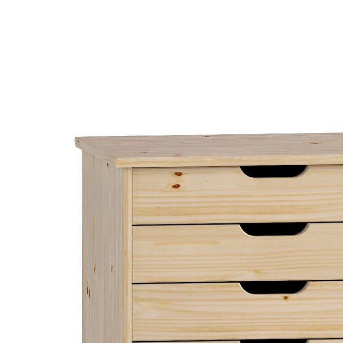 Rolling Storage Cart with Cut Out Pulls and 6 Drawers, Natural Brown
