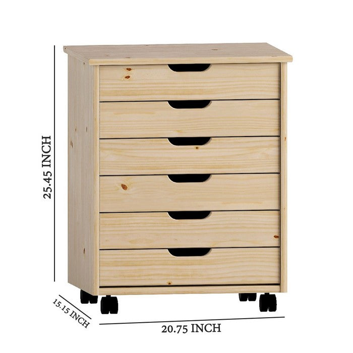 Rolling Storage Cart with Cut Out Pulls and 6 Drawers, Natural Brown