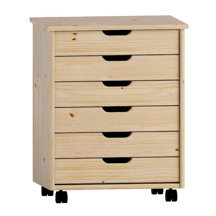 Rolling Storage Cart with Cut Out Pulls and 6 Drawers, Natural Brown