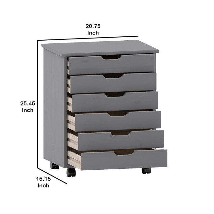 Rolling Storage Cart with Cut Out Pulls and 6 Drawers, Gray