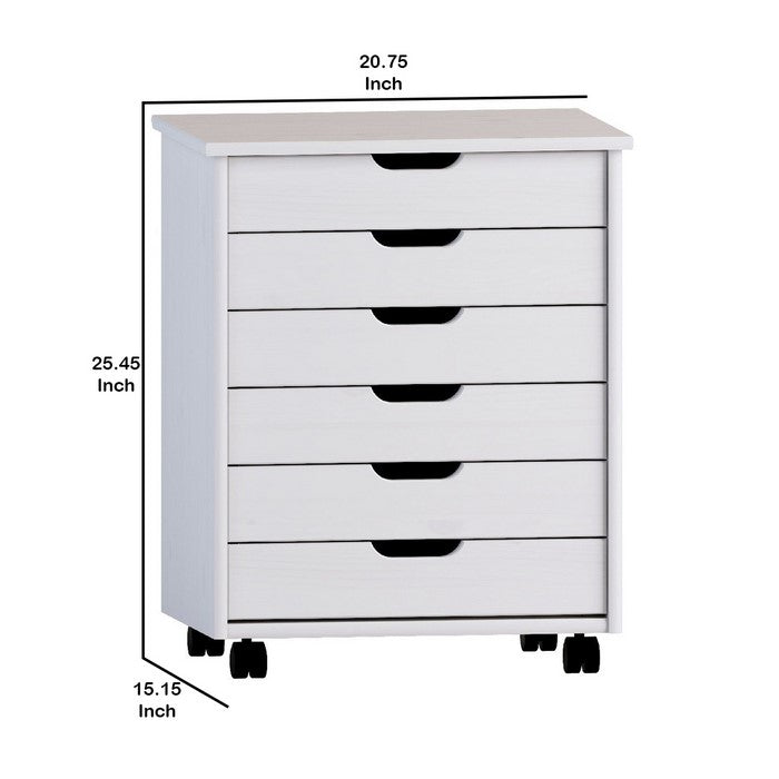 Rolling Storage Cart with Cut Out Pulls and 6 Drawers, White Wash