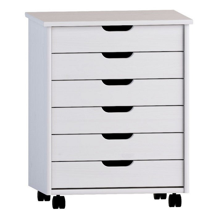 Rolling Storage Cart with Cut Out Pulls and 6 Drawers, White Wash