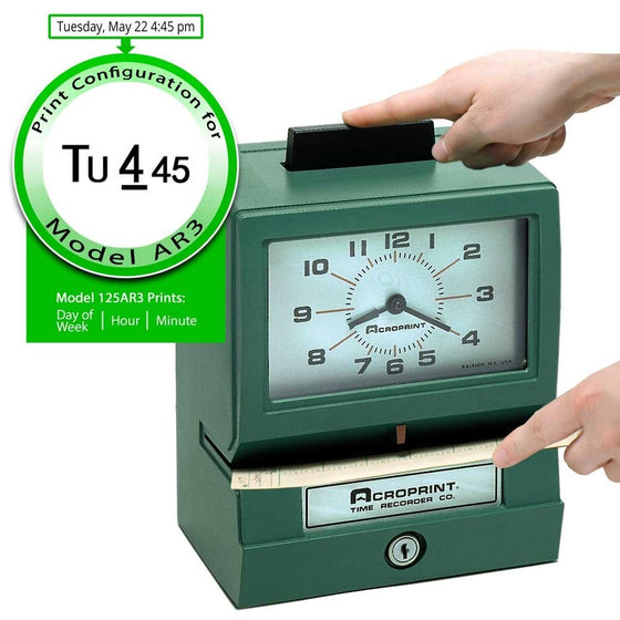 Acroprint 125AR3 Heavy Duty Manual Time Recorder for Day of the Week, Hour (1-12) and Minutes Time Clock