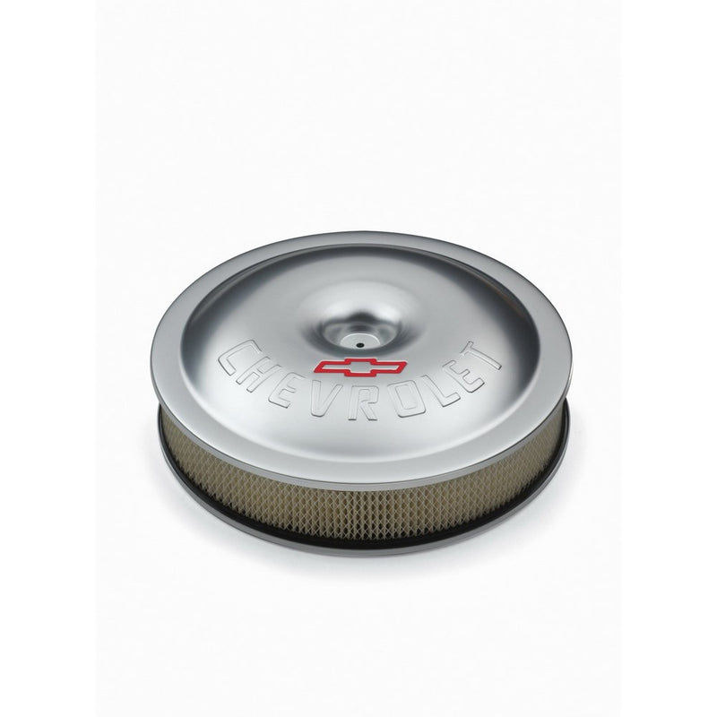 Proform 141-693 Clear Anodized 14" Diameter Aluminum Air Cleaner Kit with Raised Chevrolet/Red Bowtie Logo and 3" Paper Filter