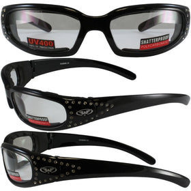 Set of 2 Women Motorcycle Padded Sunglasses Glasses Clear and Smoked Rhinestones With Vented EVA Foam Padding UV400 Filter for Maximum UV Protection