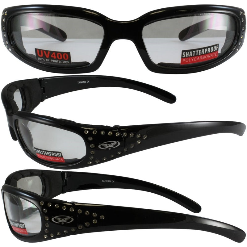 Set of 2 Women Motorcycle Padded Sunglasses Glasses Clear and Smoked Rhinestones With Vented EVA Foam Padding UV400 Filter for Maximum UV Protection