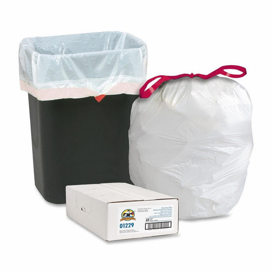 Genuine Joe GJO01229 Expandable Drawstring Trash Can Liner, 16 gallon Capacity, 25.12" Width x 24" Height x 0.9 mil Thickness, White (Box of 60)