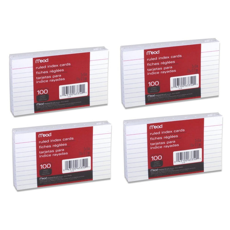 Mead Index Cards, Ruled, 3 x 5 Inch, White, 100 Per Pack, 4 PACK