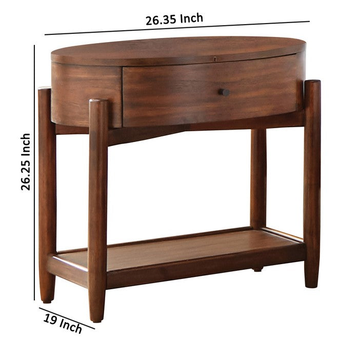 Single Drawer Oval Shaped Wooden Nightstand with Open Bottom Shelf, Brown