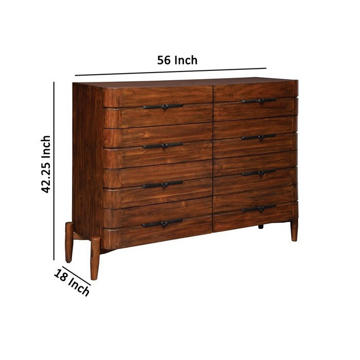 8 Drawer Wooden Dresser with Metal Pulls and Round Tapered Legs, Brown