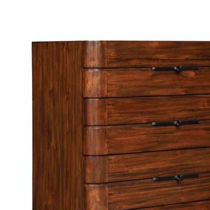 5 Drawer Wooden Chest with Metal Pulls and Round Tapered Legs, Brown