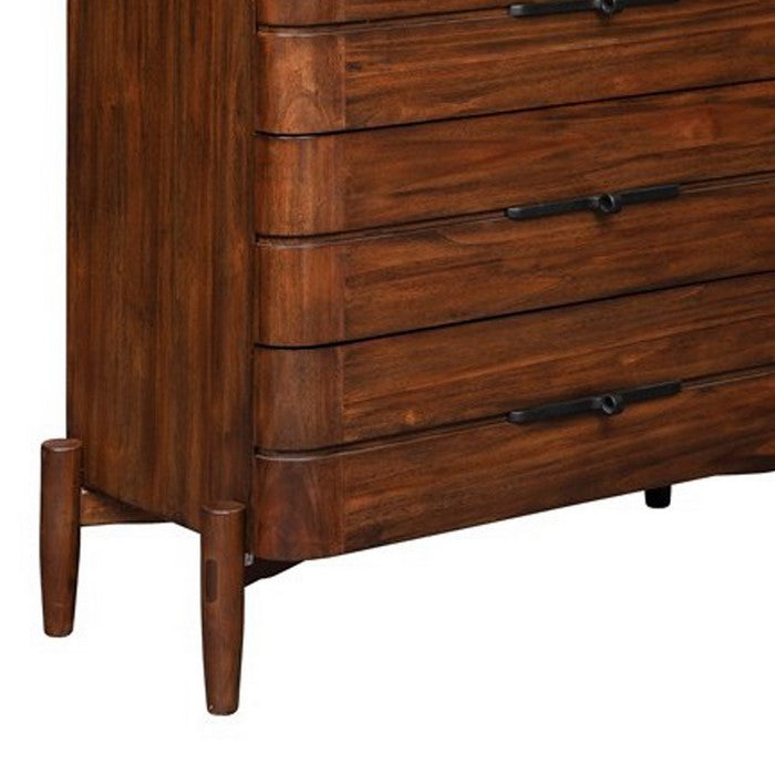 5 Drawer Wooden Chest with Metal Pulls and Round Tapered Legs, Brown