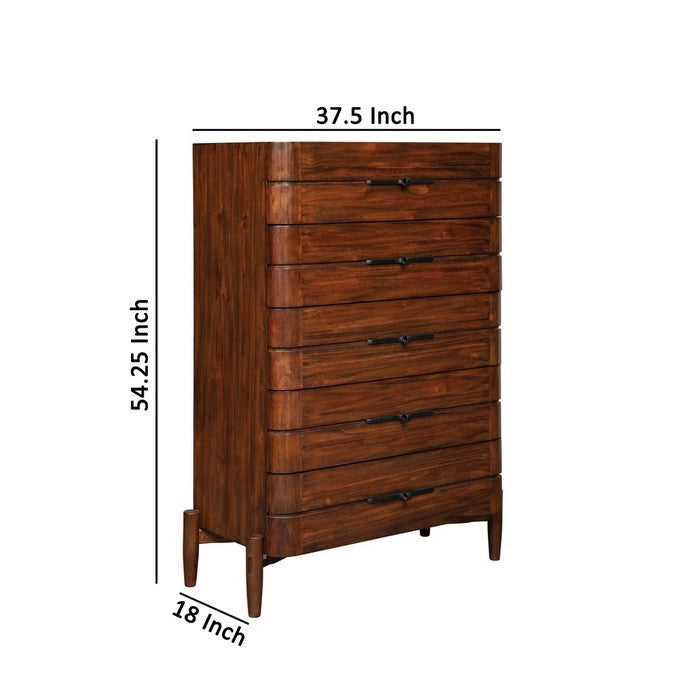 5 Drawer Wooden Chest with Metal Pulls and Round Tapered Legs, Brown