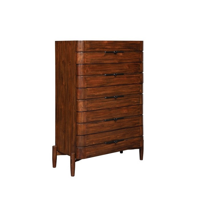 5 Drawer Wooden Chest with Metal Pulls and Round Tapered Legs, Brown