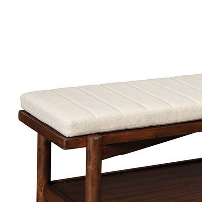 Transitional Style Wooden Bench with cushioned seat, Beige and Brown