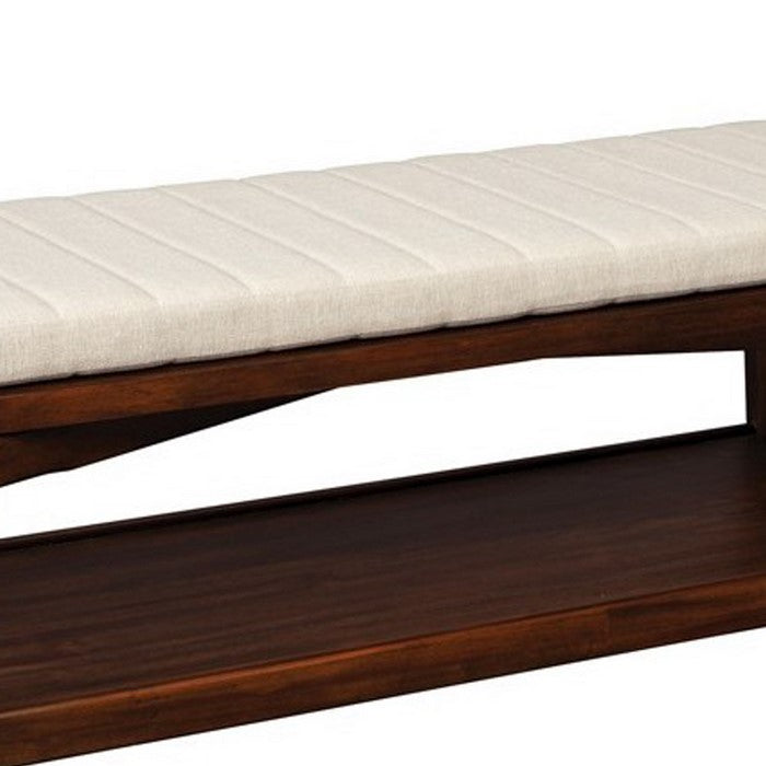 Transitional Style Wooden Bench with cushioned seat, Beige and Brown