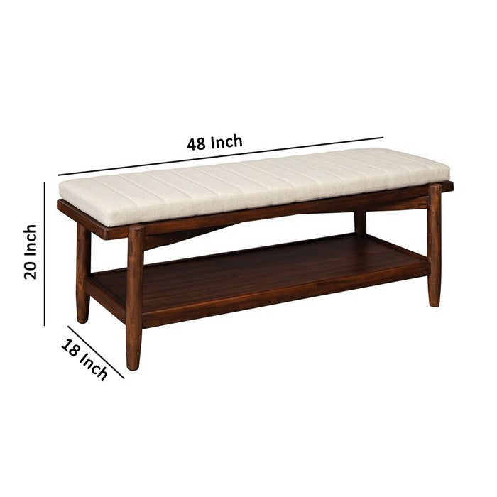 Transitional Style Wooden Bench with cushioned seat, Beige and Brown