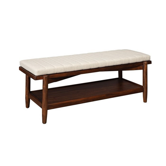 Transitional Style Wooden Bench with cushioned seat, Beige and Brown