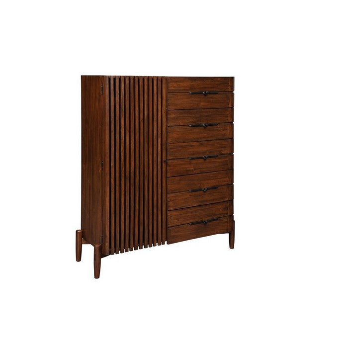 5 Drawer and 1 Door Two Tone Wooden Chest with Metal Pulls, Brown