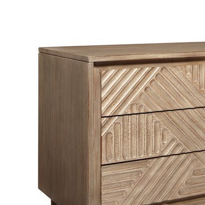 3 Drawer Nightstand with Geometrical Engraving and Dual USB ports, Brown