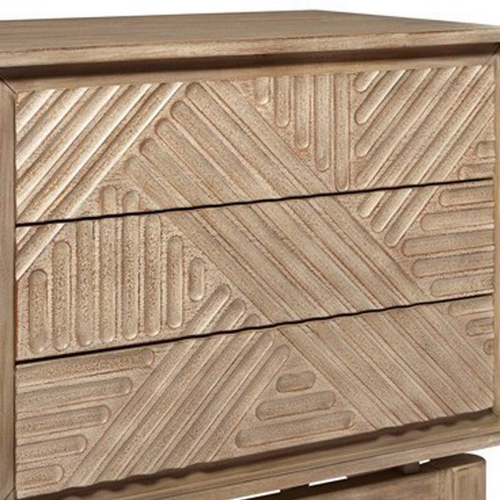 3 Drawer Nightstand with Geometrical Engraving and Dual USB ports, Brown