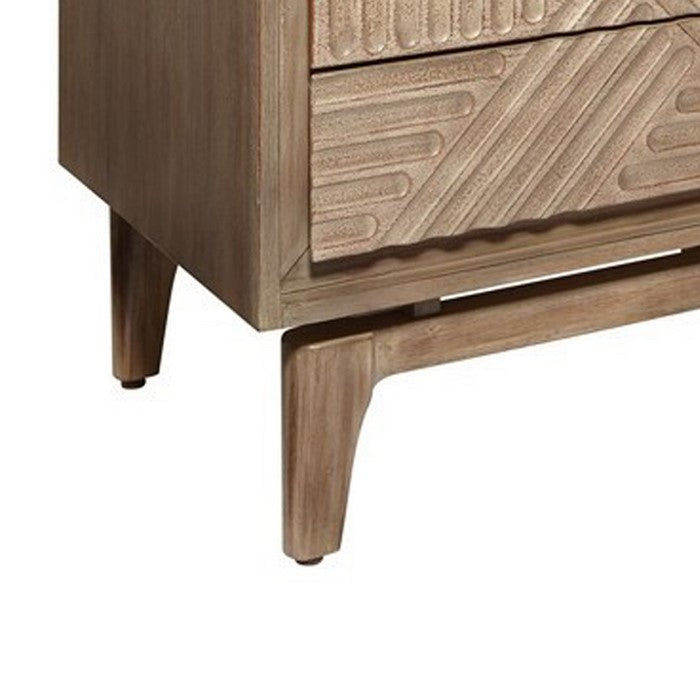3 Drawer Nightstand with Geometrical Engraving and Dual USB ports, Brown