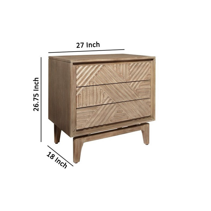 3 Drawer Nightstand with Geometrical Engraving and Dual USB ports, Brown