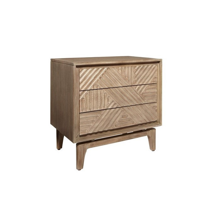 3 Drawer Nightstand with Geometrical Engraving and Dual USB ports, Brown