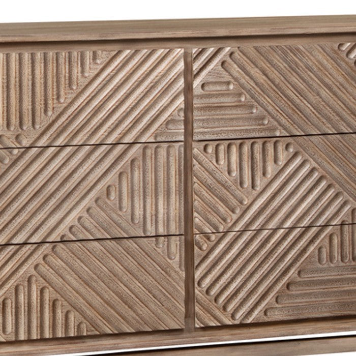 6 Drawer Transitional Dresser with Geometrical Engraving, Brown